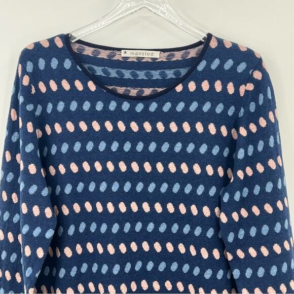 Mansted sweater merino wool blend navy blue tan geometric print pullover XL - Picture 2 of 8